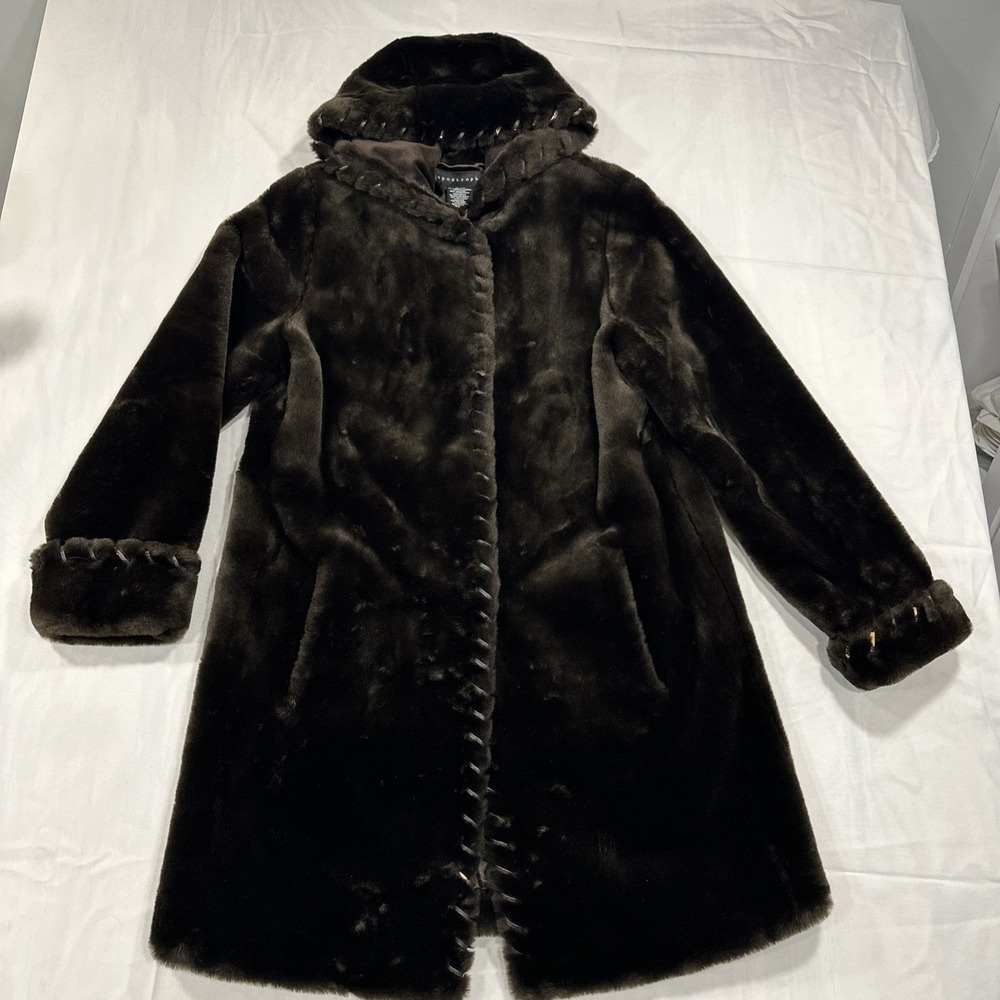 Apostrophe Brown Faux Fur Hooded Coat Twisted Trim Mob Wife Winter  Sz M READ